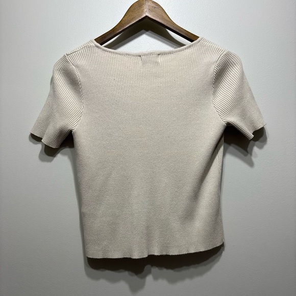 Fashion Nova Vintage Ribbed Short Sleeve Tie Front Cropped Shirt Crop Top Cream - Picture 3 of 7